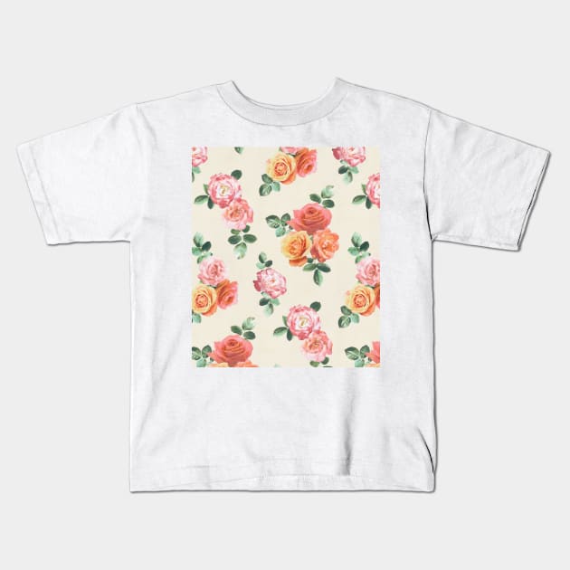 Retro Peach and Pink Roses Kids T-Shirt by micklyn